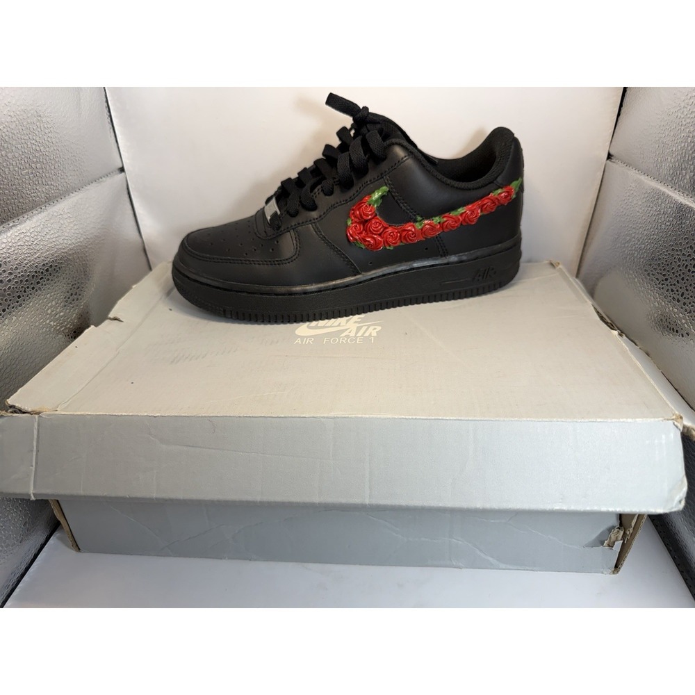 Nike Air Force 1‎ GS 5.5Y Black Custom Red Rose Swoosh Sneakers